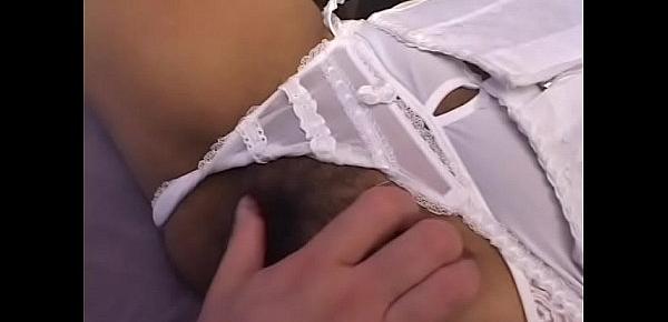  Black whore in erotic white lingerie sucks dick then takes it in her hairy twat